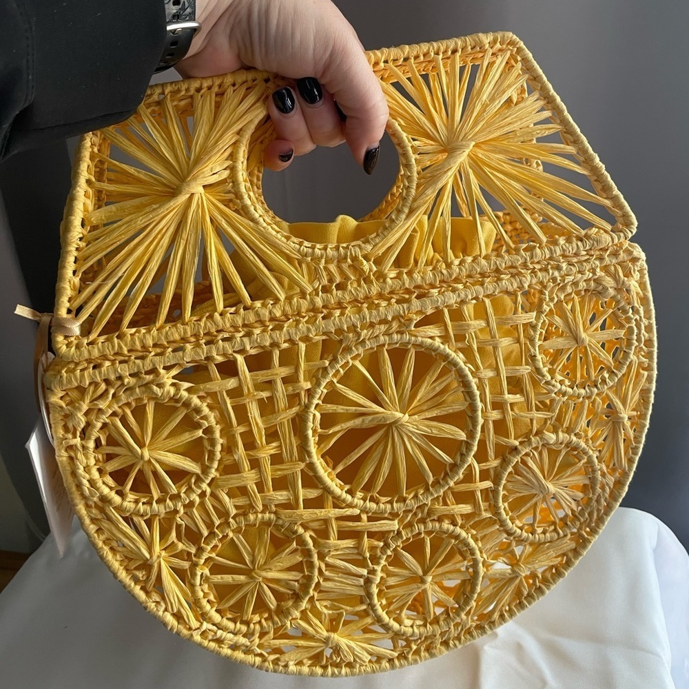 NEW House of Harlow Handwoven Hand Bag Purse Raffia Yellow Gold Vacation Resort - Picture 12 of 13